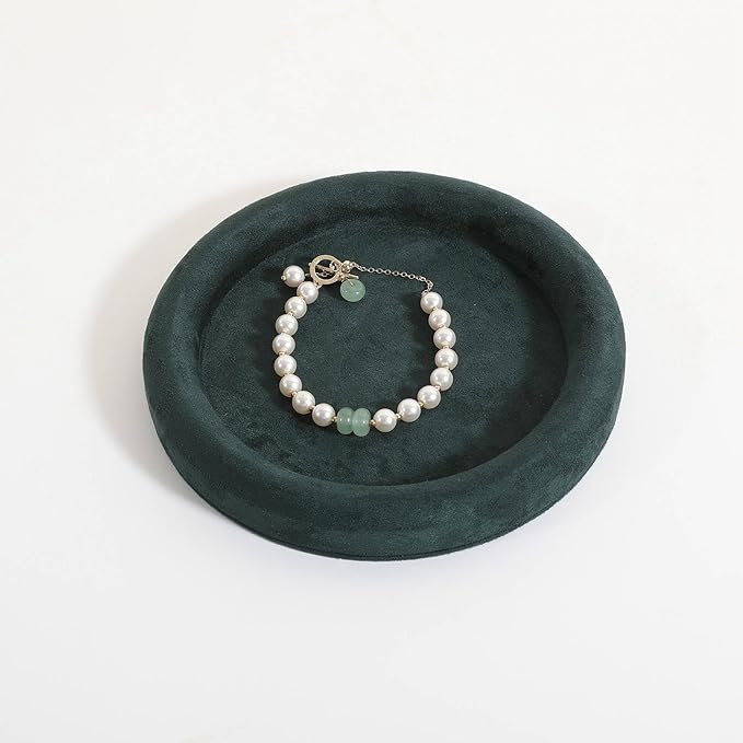 GemeShou Round Jewelry Organizer plate, Top Microfiber velvet Jewerly display tray, Empty Jewelry showcase tray for Necklace Bracelet Ring Earring display stand holder (Green-Small, 5.9 x 5.9 in)
