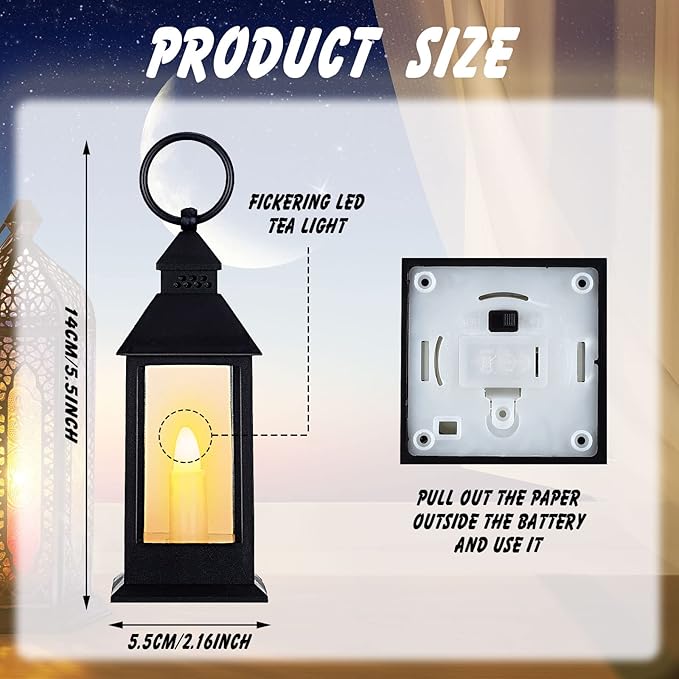 Hoolerry 24 Set Halloween Mini Lanterns with LED Candles 5.5'' Decorative Hanging Small Vintage Lantern Centerpiece Battery Powered for Wedding Table(Black)