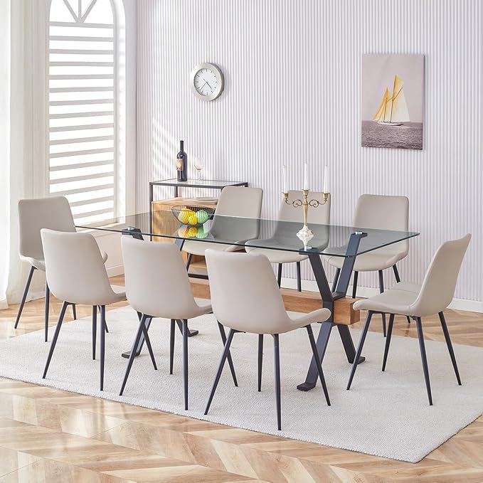 9 Piece Glass Dining Table Set, Kitchen Table Chairs Set for 8, 71'' Dining Table with 0.4" Tempered Glass Tabletop with Plated Metal Legs and MDF Crossbar, 8 PU Chairs for Dining Room, Kitchen.