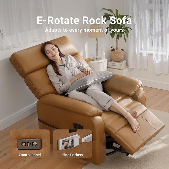 Overized Power Swivel Rocker Recliner Chair,PU Leather Sofa Reclining for Adults,Adjustable Rocker Reclining Sofa Lounge with USB&Type-C Ports,Side Pocket,for Living Room,Light Brown