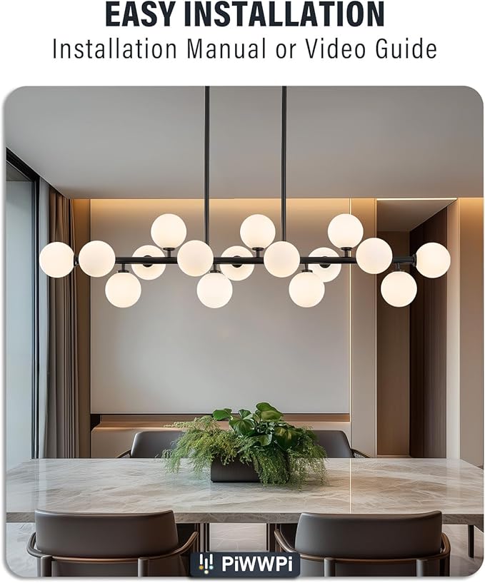 Modern Chandeliers for Dining Room Kitchen Island, 55" Long Large Linear Sputnik Globe Chandelier, 16-Light Mid Century Modern Light Fixture Over Table, Black and Milk White Bubble, GC-08