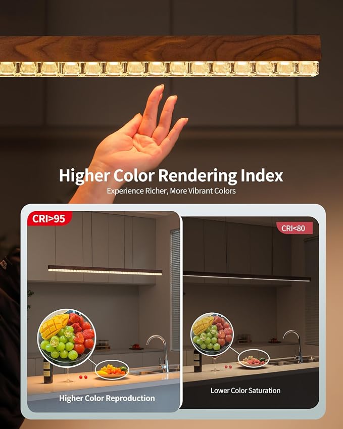 47" Wood Linear Pendant Light, Dimmable Kitchen Island Lighting with Remote, 30W LED Island Lights for Kitchen, Adjustable Linear Chandelier for Dinning Room Light Fixture,Pool Table Light - Walnut