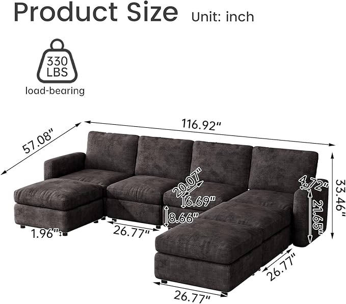 4-Seat Modular Sectional Sofa with 3 Storage Ottomans, Oversized Deep L-Shaped Couch for Living Room, Grey Velvet Family Sofa Set, Modern Apartment Loveseat Sleeper with Extra Comfy Seating
