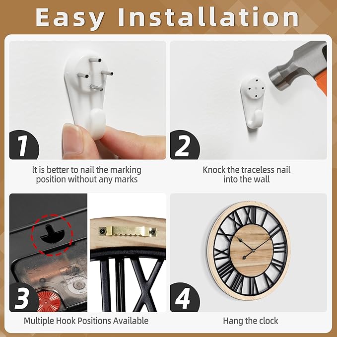 LEIKE 24 Inch Large Wall Clock - Rustic Wooden Silent Non-Ticking Wall Clock with Black Metal Frame, Vintage Farmhouse Decorative for Living Room, Bedroom, Kitchen - Roman Numerals, Modern Design