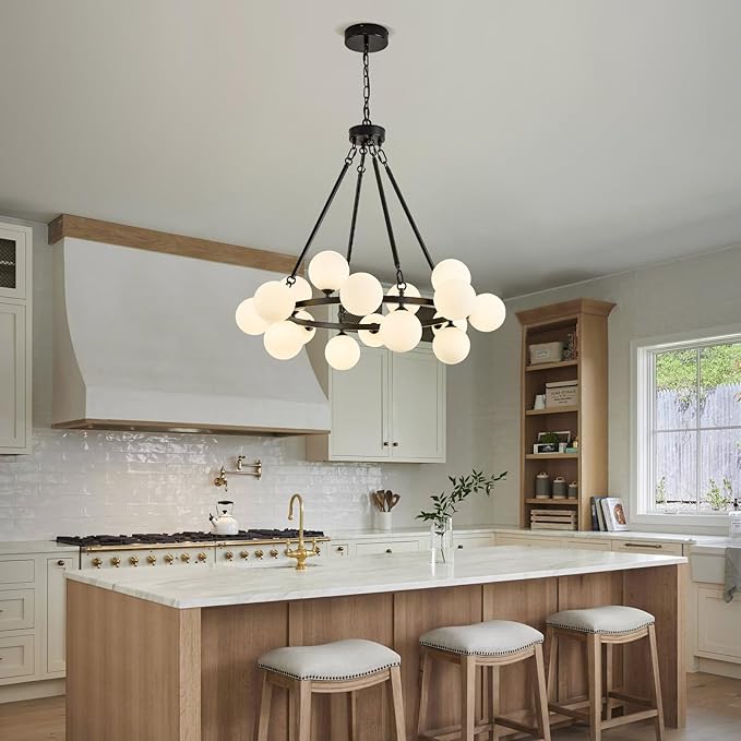 Modern Bubble Chandelier,Mid Century Milk Glass Pendant Light 31.5",Round Sputnik Chandeliers with Glass Globes,Globe Chandeliers for Dining Room,Kitchen Island,Living Room,Bedroom,16 Lights