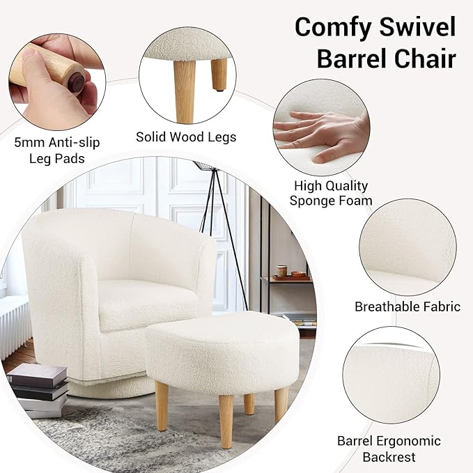 DAZONE Sherpa Swivel Accent Chair with Ottoman, Fluffy Teddy Barrel Chair Set, Comfy Upholstered Armchair for Living Room, Bedroom, Reading Nook, White