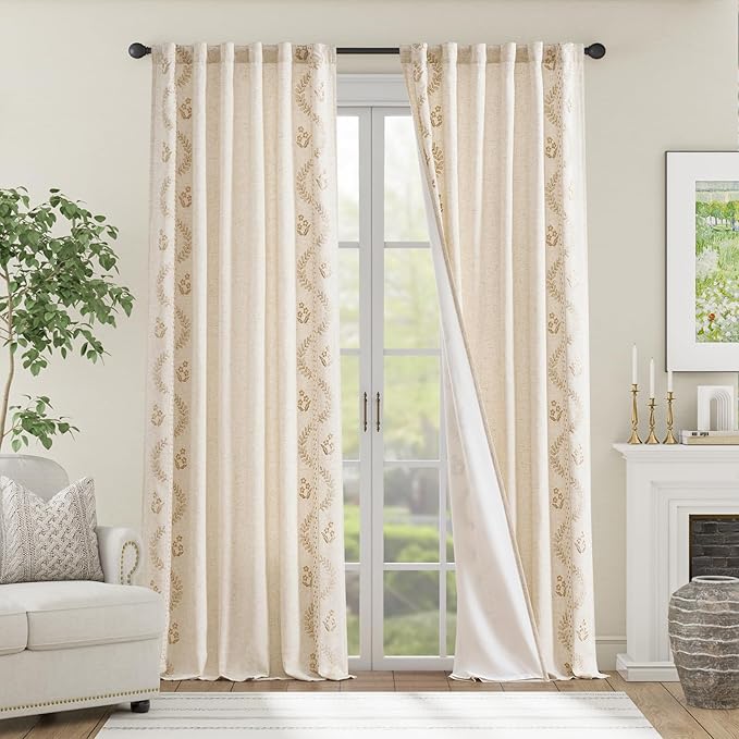jinchan Belrose Lined Linen Blend Curtains Boho Floral Curtains for Bedroom 96 Inch Length Beige Embroidered Drapes Rod Pocket Farmhouse Flower Drapes for Living Room Window Treatments Set 2 Panels