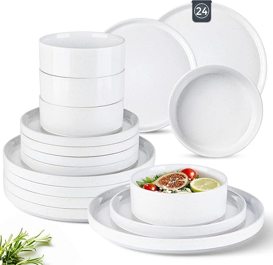 Dinnerware Set for 8, GBhome 24 Piece Speckled Plates and Bowls Set with Glazed Bottom, Chip and Scratch Resistant Stoneware Plates Sets, Dishwasher & Microwave Safe Dishes, White