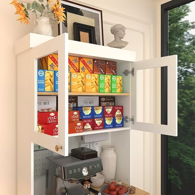 71" Farmhouse Kitchen Pantry Cabinet Set of 2, White Freestanding Coffee Bar with Glass Doors, Microwave Stand, Large Storage Hutch with Adjustable Shelves for Kitchen or Living Room