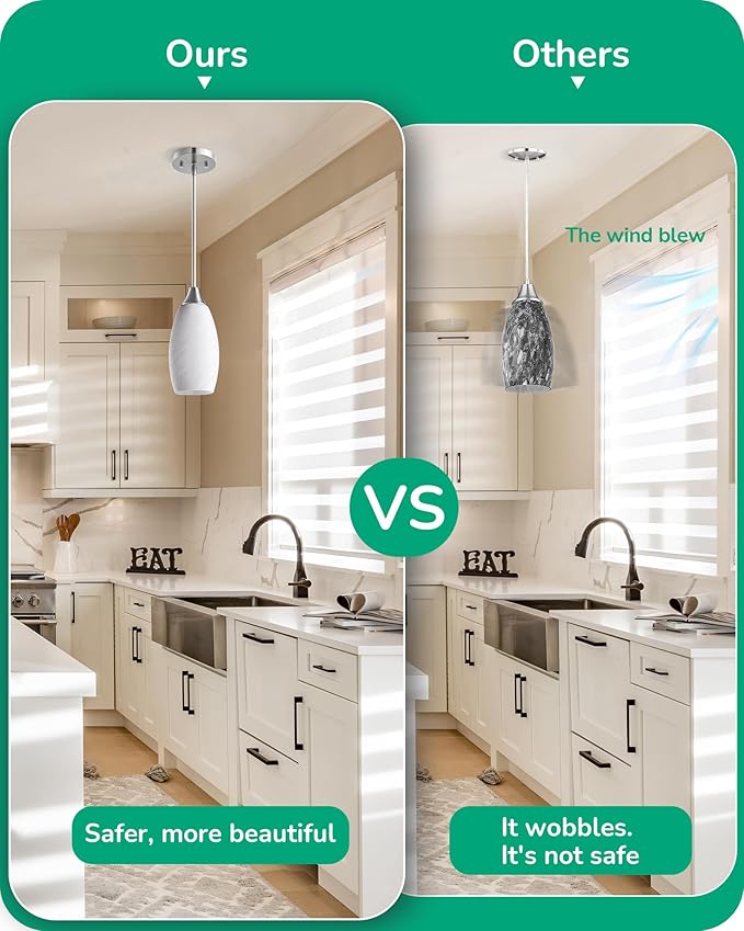 EDISHINE Pendant Light Fixture, Handcrafted Art Glass Hanging Light, Hardwired Ceiling Light, White Marble Glass Shade, Adjustable Brushed Nickel Rods, E26 Base, Pendant Lamp for Kitchen Bathroom Bar