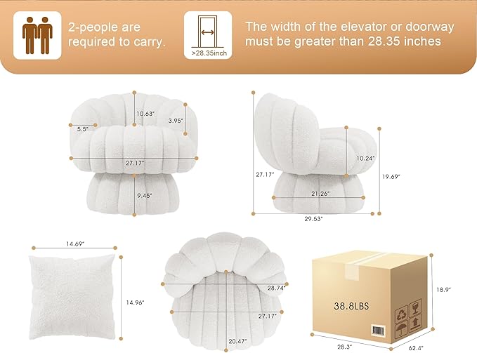Mid Century Modern 360 Degree Barrel Swivel Accent Vanity Chair,Fluffy Sherpa Fabric Lounge Wide Upholstered Pumpkin Reading Chair, Round Cloud Armchair for Living Room,Bedroom,Vanity(Beige)