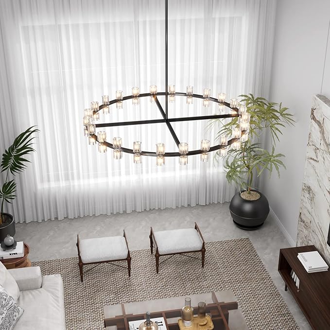 D48'' Large Black Wagon Wheel Chandeliers Black Round Chandelier Glass Chandeliers for Dining Room,Living Room Vintage Chandelier