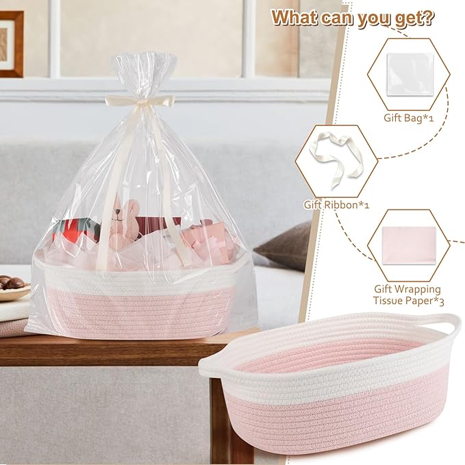 OIAHOMY Gift Basket Empty with Handle, 13.4"x 10"x 5.5" Small Woven Basket with Gift Bag, Ribbon and Wrap Tissue Paper, Dog Toy Storage for Organizing - Pink & White