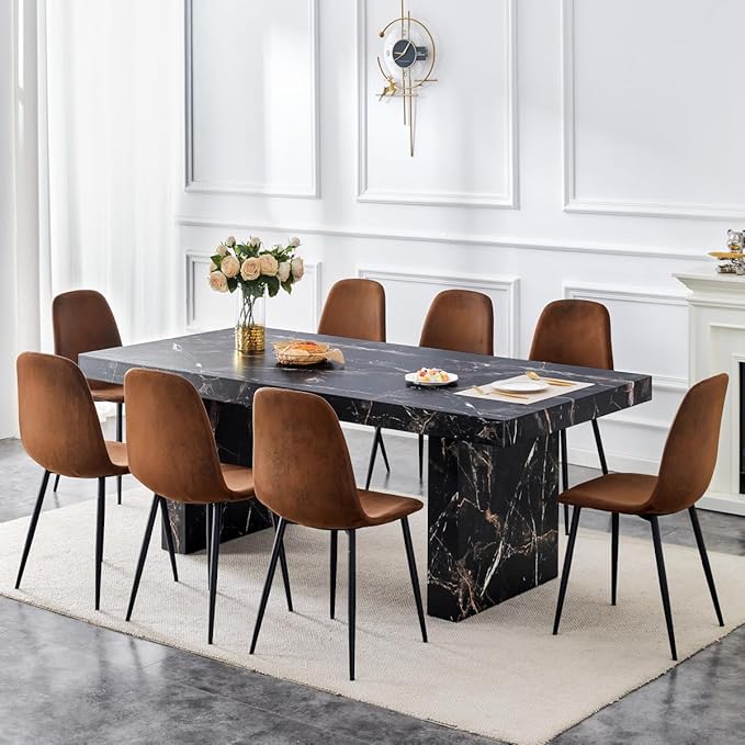 79" Marble Dining Table Set｜Modern Dining Table Set with 8 Suede Chairs｜Engineered Wood with Marble Pattern Tabletop｜Widened and Stable Tablelegs｜Easy Assembly