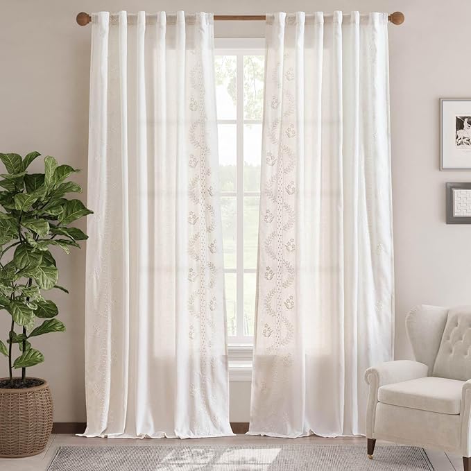 jinchan Belrose Linen Curtains for Bedroom Floral Curtains 96 Inch Length Linen Blend White Embroidered Drapes Farmhouse Flower Patterned Drapes for Living Room Window Treatments Set 2 Panels