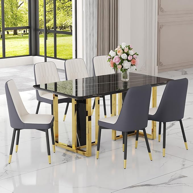 TesNus 63" Black Dining Table Set for 6 with Chairs,Modern Faux Marble Rectangular Kitchen Table and Chairs Set Luxury 7 Piece Dining Room Set with Gold Metal Legs,Easy Assemble,Stable Base