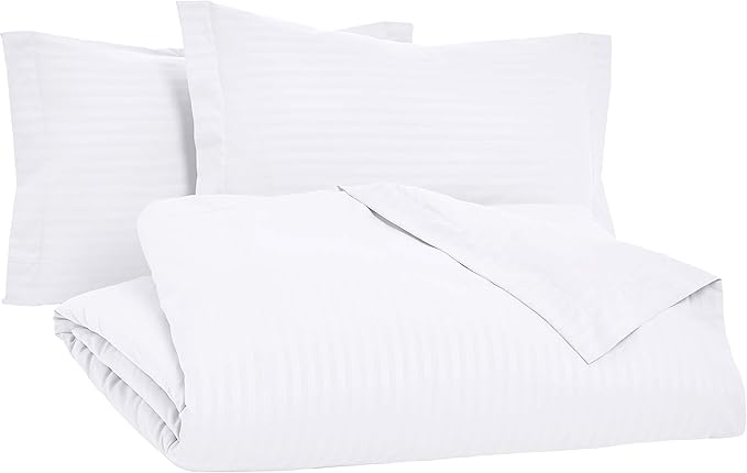 Amazon Basics Microfiber Duvet Cover Set - 3 pieces, King, Bright White Striped