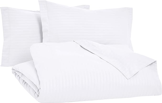 Amazon Basics Microfiber 3 Piece Duvet Cover Set, Full/Queen, Bright White, Striped, 4 Pack