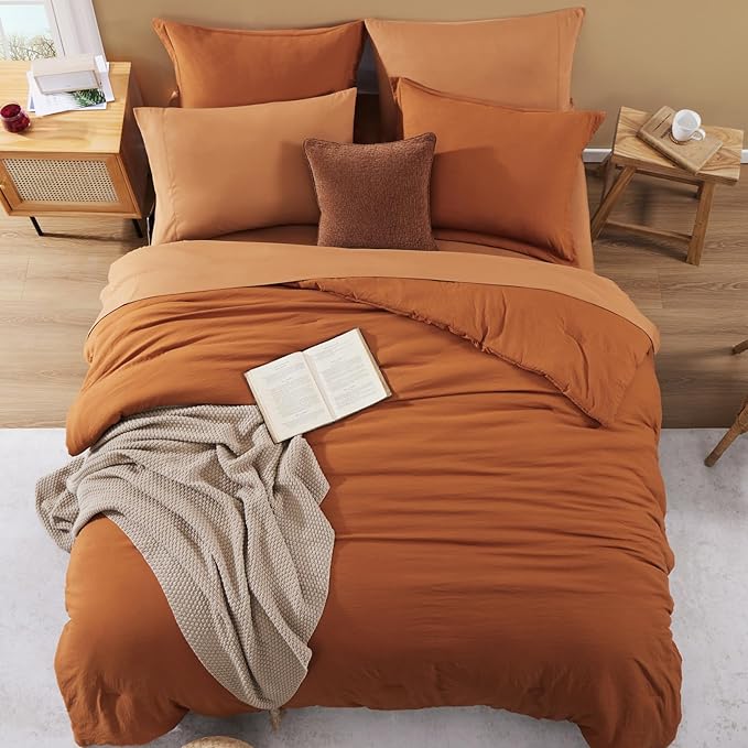 WRENSONGE Oversized Queen Comforter Set - 7 Pieces Burnt Orange Bed in a Bag Queen with Sheets, 2 Pillow Shams, and 2 Pillowcases- Warm Bedding Sets Queen for All Season