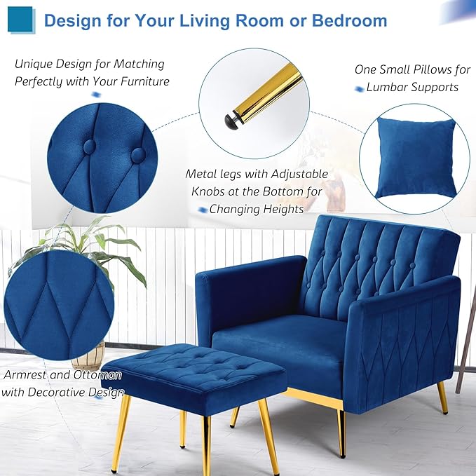 Velvet Accent Chair with Adjustable Armrests and Backrest, Button Tufted Lounge Chair, Single Recliner Armchair with Ottoman and Pillow for Living Room, Bedroom, Blue