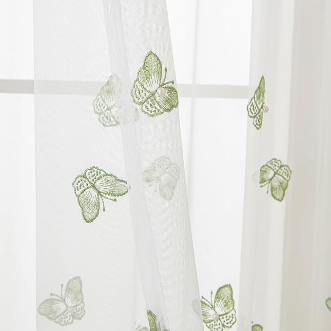 VISIONTEX White Sheer Voile Curtains, Decorative Green Embossed Butterflies Rod Pocket Window Drapes for Home Kitchen, Living Room and Bedroom 54 x 63 Inch, Set of 2 Curtain Panels