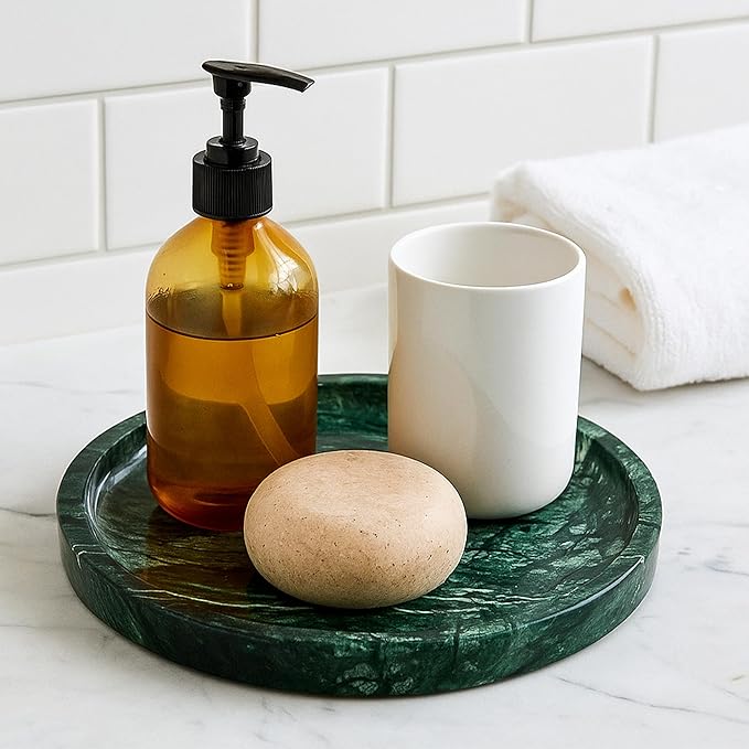 Round Marble Vanity Tray - Diameter 7.87" Natural Green Stone Tray for Bathroom Perfume Jewelry Makeup - Decorative Marble Catchall Dish for Vanity Countertop Organizer