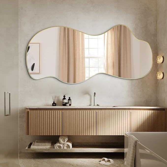 POZINO Irregular Mirror Full Length, Large Asymmetrical Wall Mirror, 63"x30" Gold Wavy Shaped Mirrors, Modern Frameless Decorative Mirrors for Dressing Living Room Bathroom Bedroom Hallway Entryway