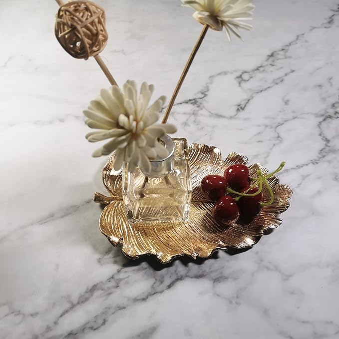 Metal Jewelry Dish, Small Leaf Shaped Ring Holder Jewelry Organizer, Trinket Dish Vanity Tray for Dresser Christmas Birthday Wedding Gifts Large Elm-Gold