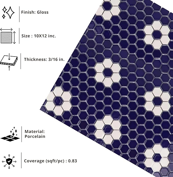 Tenedos Hexagon Glossy Cobalt Blue Flower Porcelain Mosaic Tile – Kitchen Backsplash, Bathroom Wall & Shower Floor Tile (5 Sheets)
