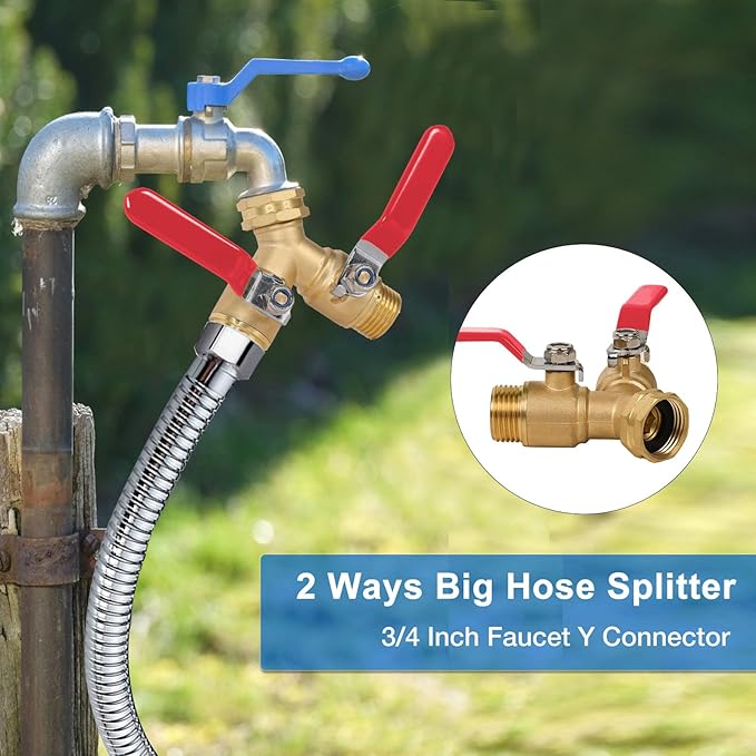 Garden Hose Splitter 2-Ways with Long Stainless Steel Handle, Full Flow Hose Splitter Connector Heavy Duty Brass, 3/4" GHT Thread Y Valve, Water Garden Hose Tap Adapter