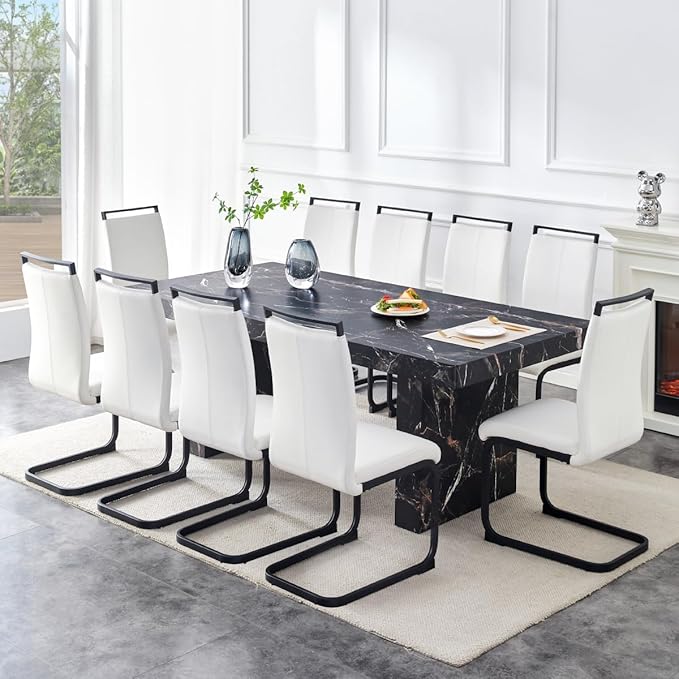 79" Modern Dining Table Set｜Marble Dining Table Set with 10 Faux Leather Chairs｜Engineered Wood with Marble Pattern Tabletop｜Widened and Stable Tablelegs｜Easy Assembly