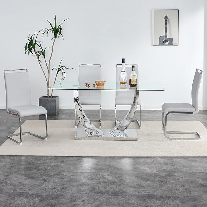 63” Glass Dining Table Set for 4,Modern Dining Room Table Set for 4, Kitchen Table and PU Leather Chairs, Dinner Table with Rectangle Tempered Glass Top and Chrome Silver Base