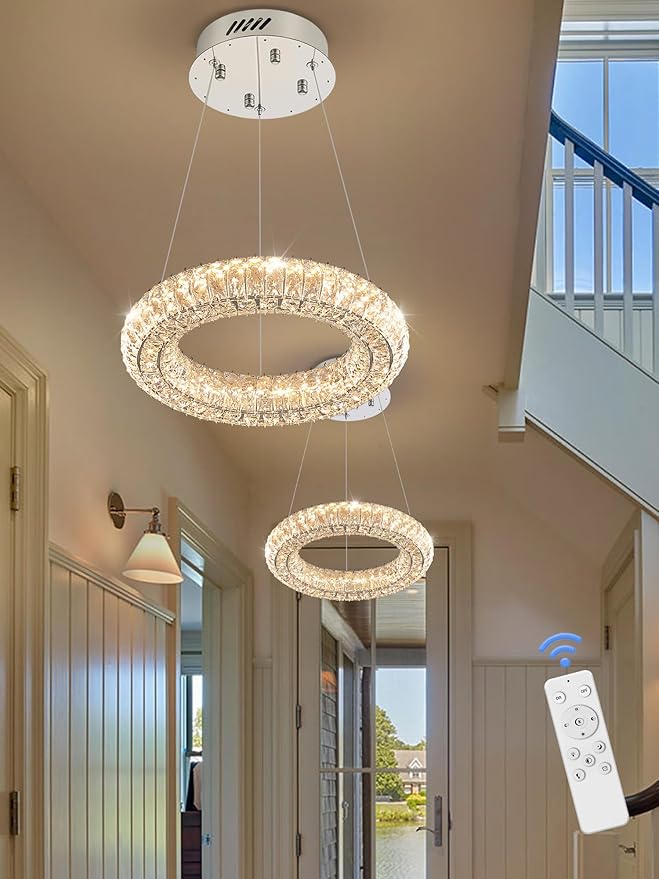 Modern Crystal Chandelier Dimmable LED 7.8" Ring Pendant Light Adjustable Round Chrome Crystal Chandelier Light Fixtures for Dining Room Living Room