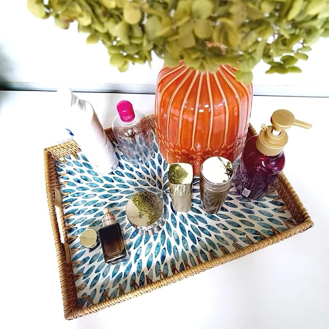 i-lan 18inch Rectangle Rattan Woven and Blue Mother of Pearl Dining Room Table Serving Tray Display Basket with Cutout Handles,Living Room Boho Wicker and MOP Coffee Table Serving Tray Décor