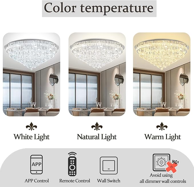 Dia 40" Modern Crystal Chandelier,Large Chandelier for Living Room Silver Flush Mount Chandeliers Crystal Ceiling Light for Dining Living Room Bedroom