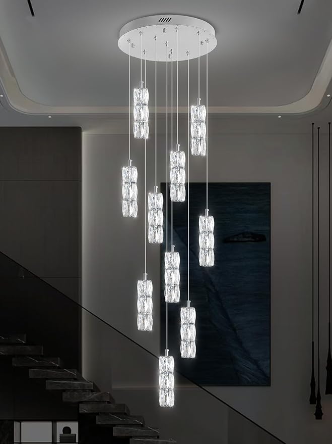 Long Staircase Crystal Pendant Chandeliers 10-Lights Silver Column Crystal Chandeliers Foyer Entrance High Ceiling Hanging Chandelier 2700-6000k Dimmable Fixtures LED Big Chandeliers