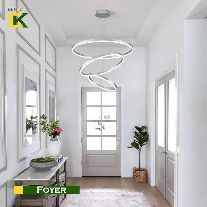 D31.5 3 Rings Modern LED Chandelier Silver Dimmable LED Pendant Light with Remote Control Circular Flush Mount High Ceiling Light for Dining Room Living Room Bedroom Foyer(3000K-6500K, H71)