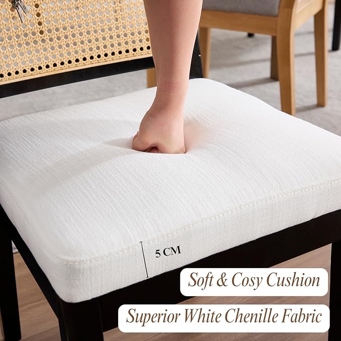 LukeAlon Farmhouse Rattan Dining Chairs Set of 6, Mid Century Modern Linen Kitchen & Dining Chairs with Solid Wood Legs, Woven Cane Upholstered Kitchen Chairs Side Chairs for Dining Room, Beige