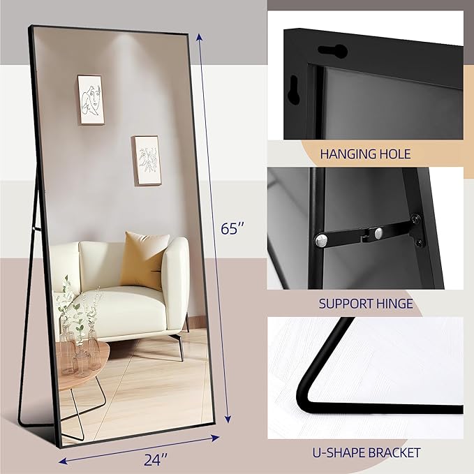 65"x24"Full Length Mirror with Stand,Black Full Body Mirrorr,Shatterproof Tempered Glass&Aluminum Alloy Frame,Freestanding Large Mirror for Bedroom,Living Room,Dressing Room