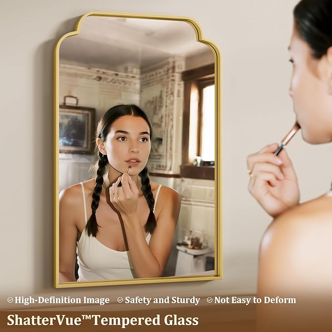 24" x 36" Gold Arch Bathroom Mirror, Wall Mounted Vanity Mirror with Metal Frame, Modern Scalloped Wall Mirror for Sink, Bedroom, Living Room, Entry, Farmhouse Home