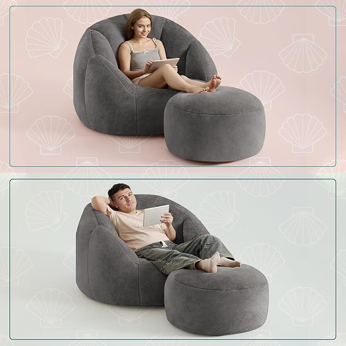 Giant Bean Bag Chaise Lounge Indoor Chair for Adults with Ottoman - Comfy Plush Round Shell Soft Accent Chair, Oversized Cozy Floor Sofa for Living Room, Dorm & Game Rooms, Gray