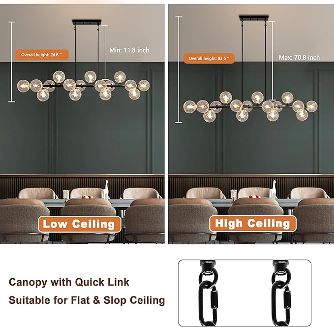 Modern Chandeliers for Dining Room, 16-Light Large Dining Room Light Fixture Linear Sputnik Chandelier Clear Glass Globe Long Bubble Chandelier Farmhouse Island Lights for Kitchen