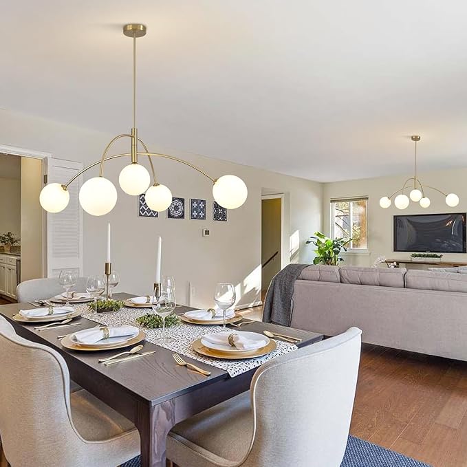 Contemporary Gold Ceiling Light 5-Light Glass Globe Lights Mid Century Modern Sputnik Chandelier for Dining Room Kitchen Bedroom Lighting Fixture