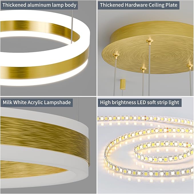 Modern LED Chandelier Light, 4 Ring Gold Pendant Lighting Fixture, Adjustable Hanging Ceiling Lamp for Dining Room, Kitchen Island, Entryway, Living Room, Dimmable Dining Lights Over Table