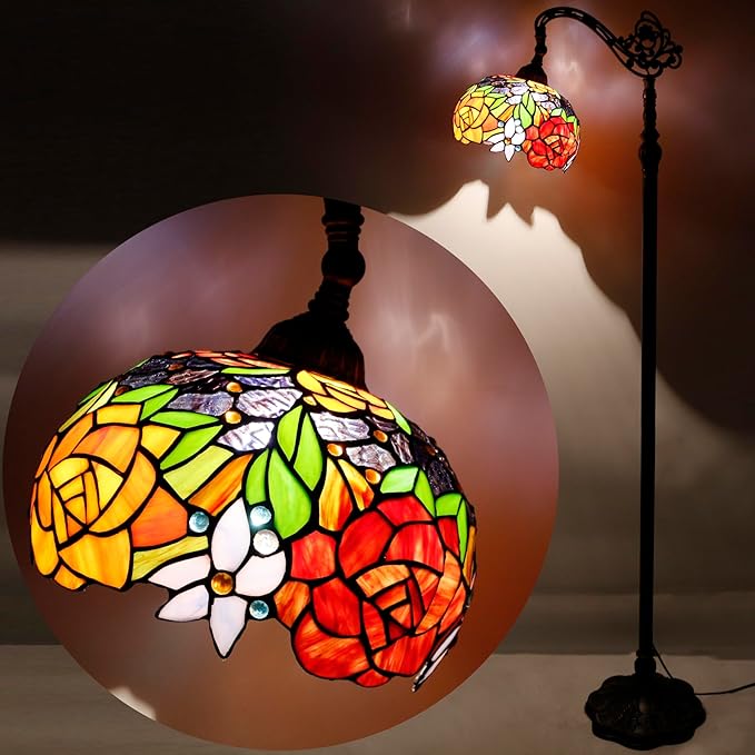 WERFACTORY Tiffany Floor Lamp Red Rose Flower Stained Glass Arched Lamp 10X18X64 Inches Gooseneck Adjustable Corner Standing Reading Light Decor Bedroom Living Room S001 Series