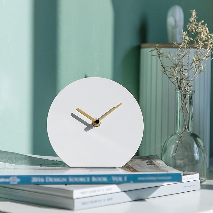 SOFFEE DESIGN 6'' One-Piece Table Clocks Without Scale Modern Minimalist Style Decoration, Iron Silent Quartz Desk Clock Creative Ornaments, Battery Operated Non Ticking for Home, White