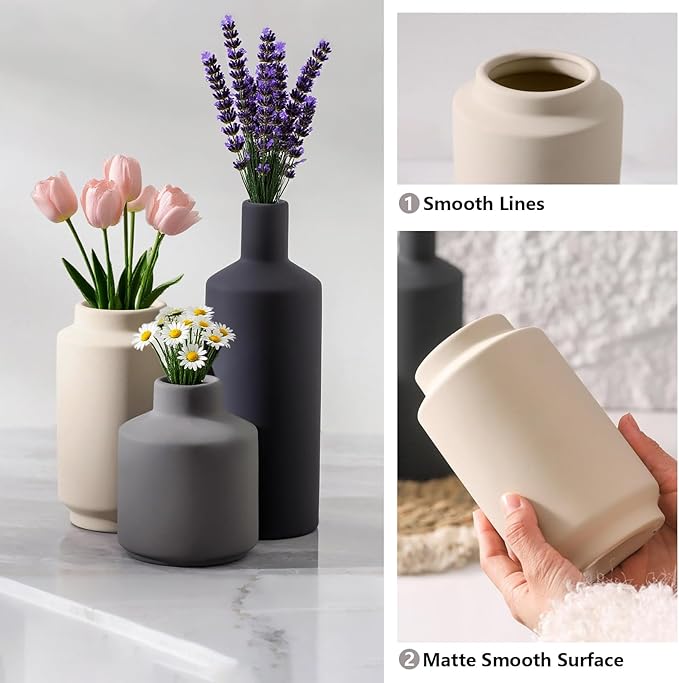 Ceramic Vase Set of 3, Vases Home Decor, Neutral Rustic Modern Farmhouse Decor, Pottery Vases for Pampas Grass Dried Fresh Flowers, Living Room Kitchen Bedroom Bathroom Entryway Mantel Shelf (Beige)