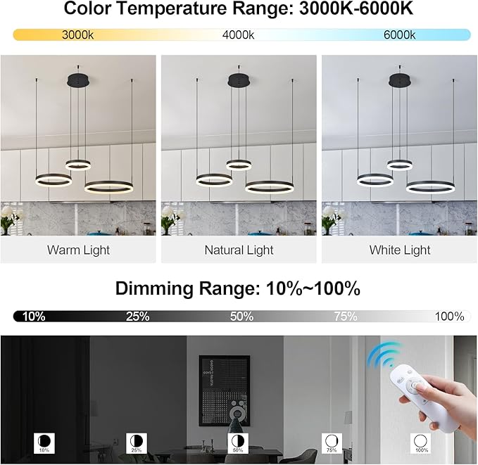 Modern Black Ring Chandelier LED Circle Geometric Pendant Light Dimmable 3 Rings Ceiling Light Fixtures High Ceiling Foyer Chandelier for Living Room Dining Room Bedroom
