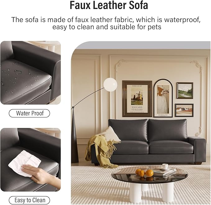 Faux Leather Couch, Mid Century Modern Comfy Loveseat Sofa with Wide Arm, Side Pockets, Solid Wooden Frame for Office, Living Room and Bedroom, 2 Seater (Gery, 71.25 Inches)