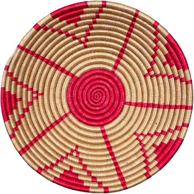 Handwoven African Basket Handmade sisal Fruit Bowl Wall Hanging decorative Baskets for Home Living Room Kitchen Centerpiece Zen Designs Arts and Crafts (Tan Pink Floral, 12in diameter)